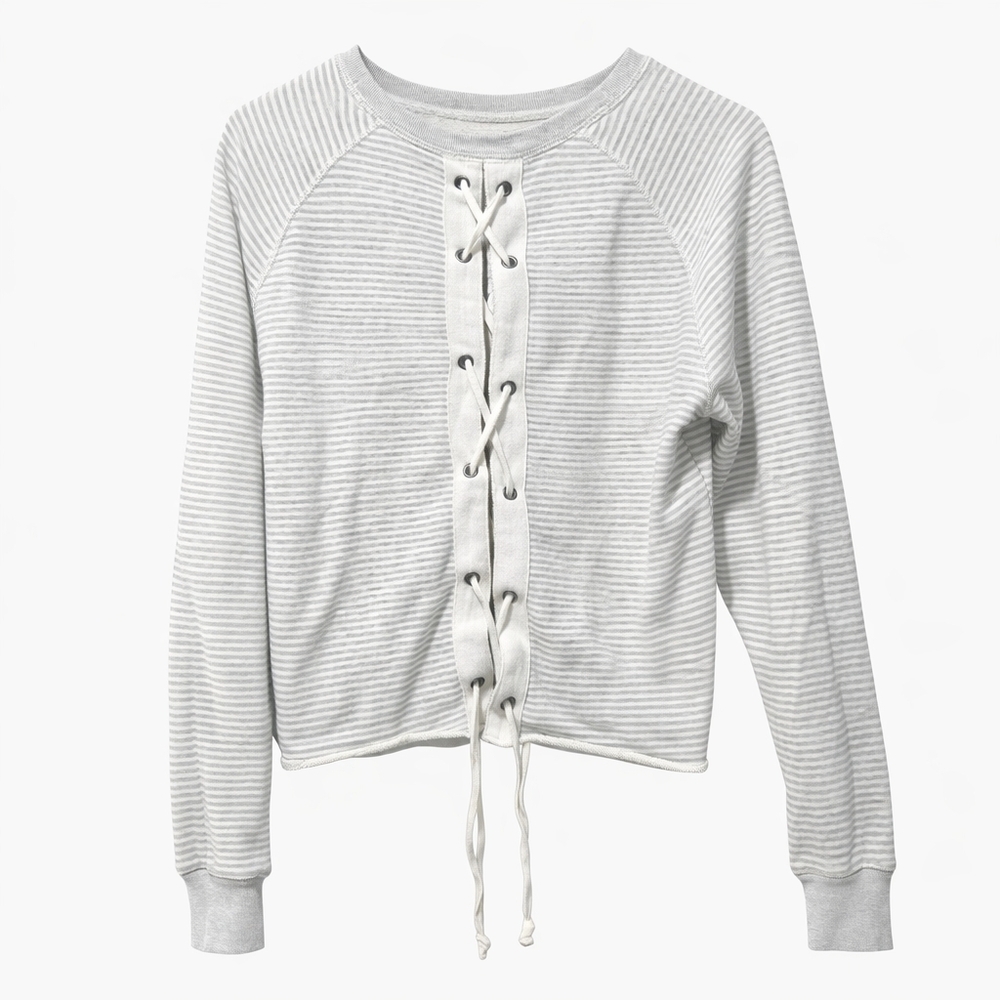 Abercrombie & Fitch Gray And White Striped Lace-Up Sweatshirt Size Medium - Picture 3 of 8